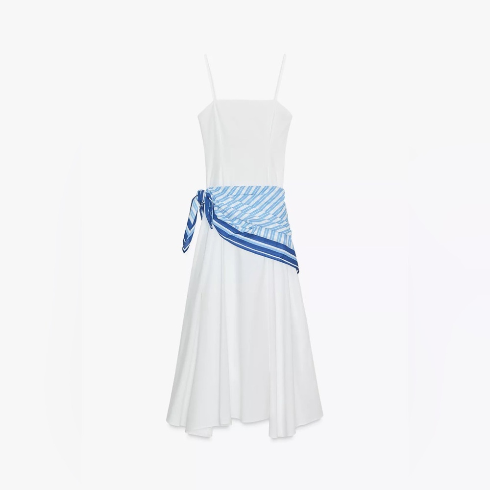 ZARA Striped Midi Scarf Dress Size Medium WHITE | 8078/035/250